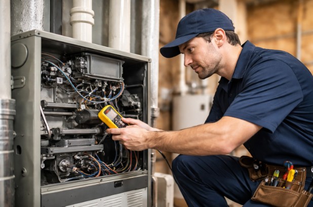 Heating services technician inspecting residential heating system.
