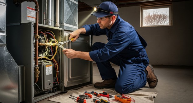 Heating services professional repairing furnace heating system.