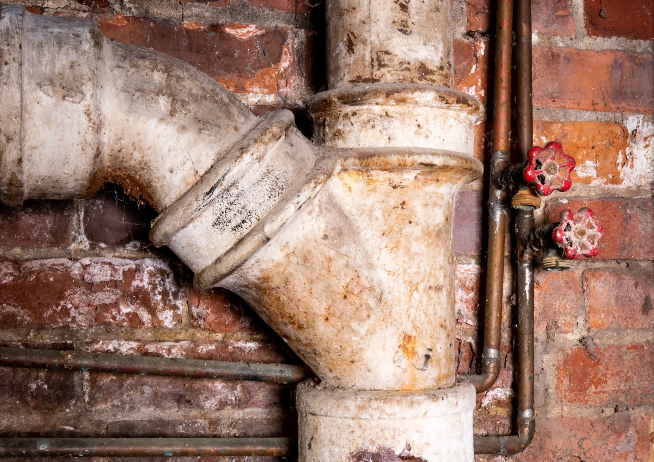 Aged white plumbing pipes with rust stains are set against a red brick wall. Two bright red valve handles add contrast, evoking an industrial feel.