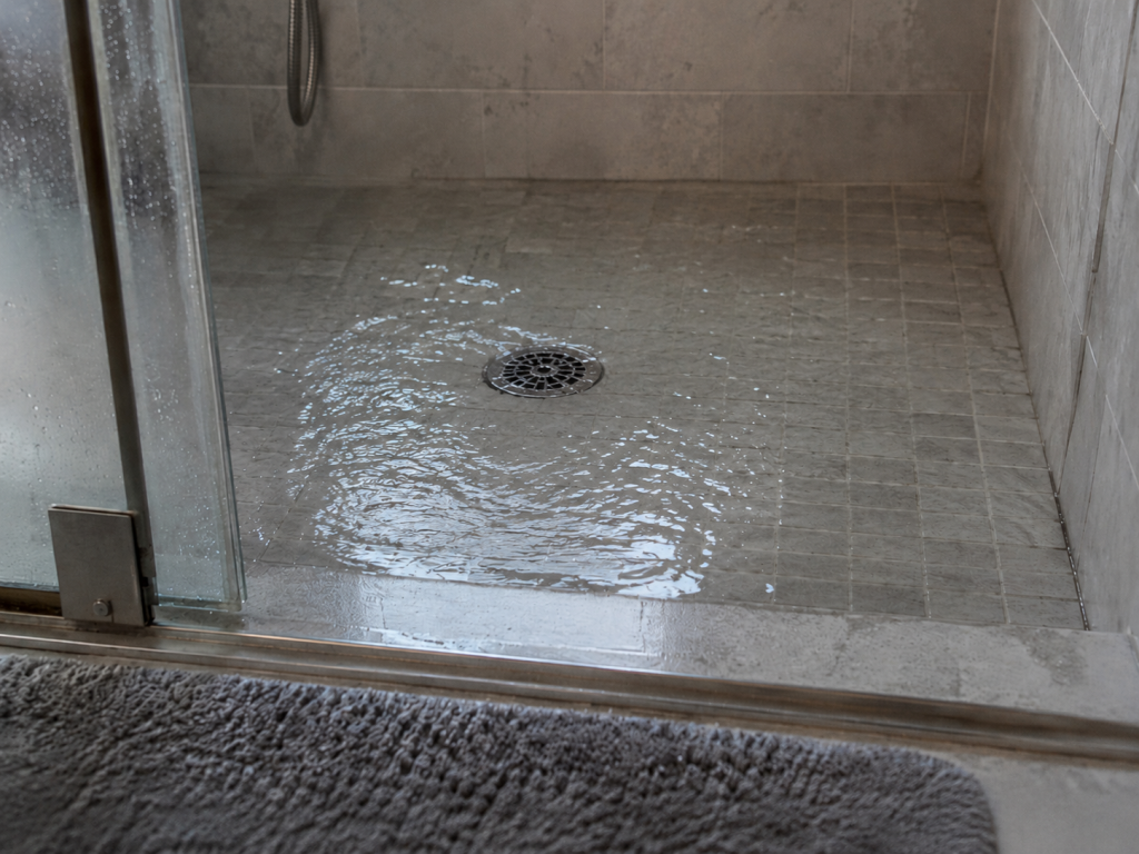 Clogged drain leaving standing water around a shower drain.
