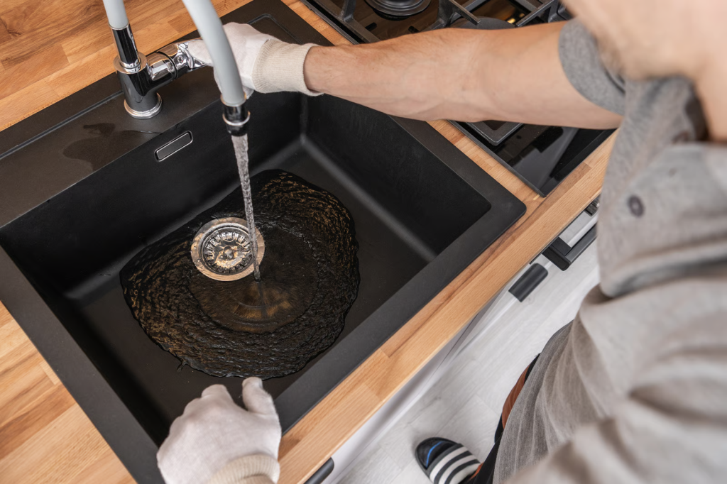 Clogged drain being inspected by a professional plumber.