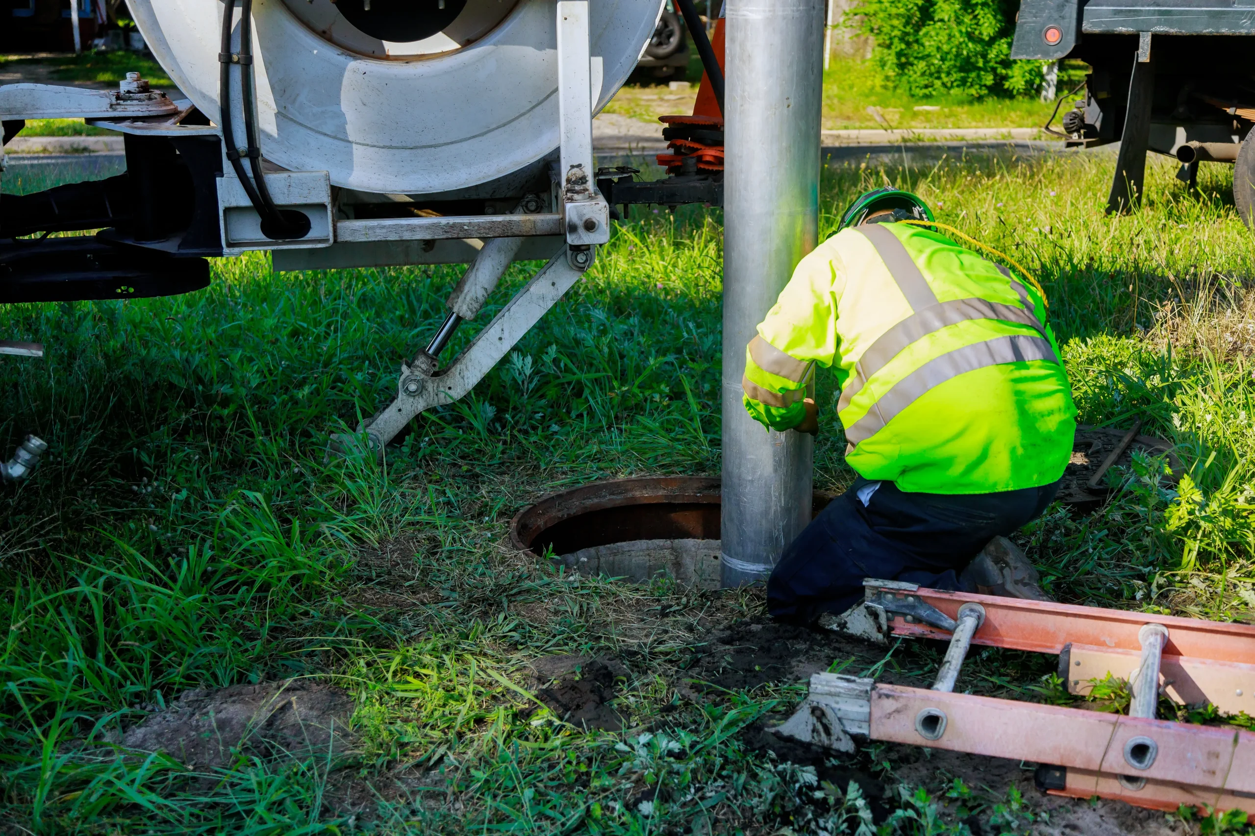 A worker in a bright yellow safety jacket and helmet kneels by an open manhole on grassy ground, handling a metal pipe, with equipment nearby.
